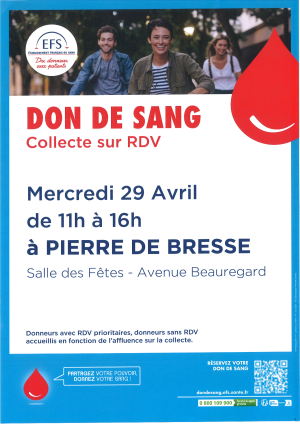 Don du sang mercredi 29 avril 2026 de 11 h à 16 h