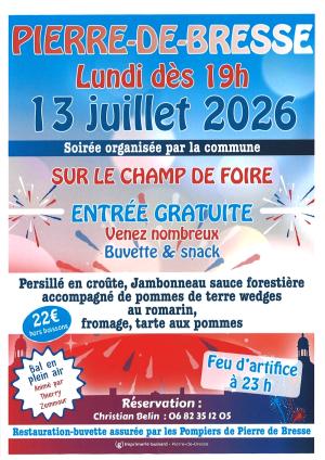 Fête nationale lundi 13 juillet 2026 à 19 h au champ de foire
